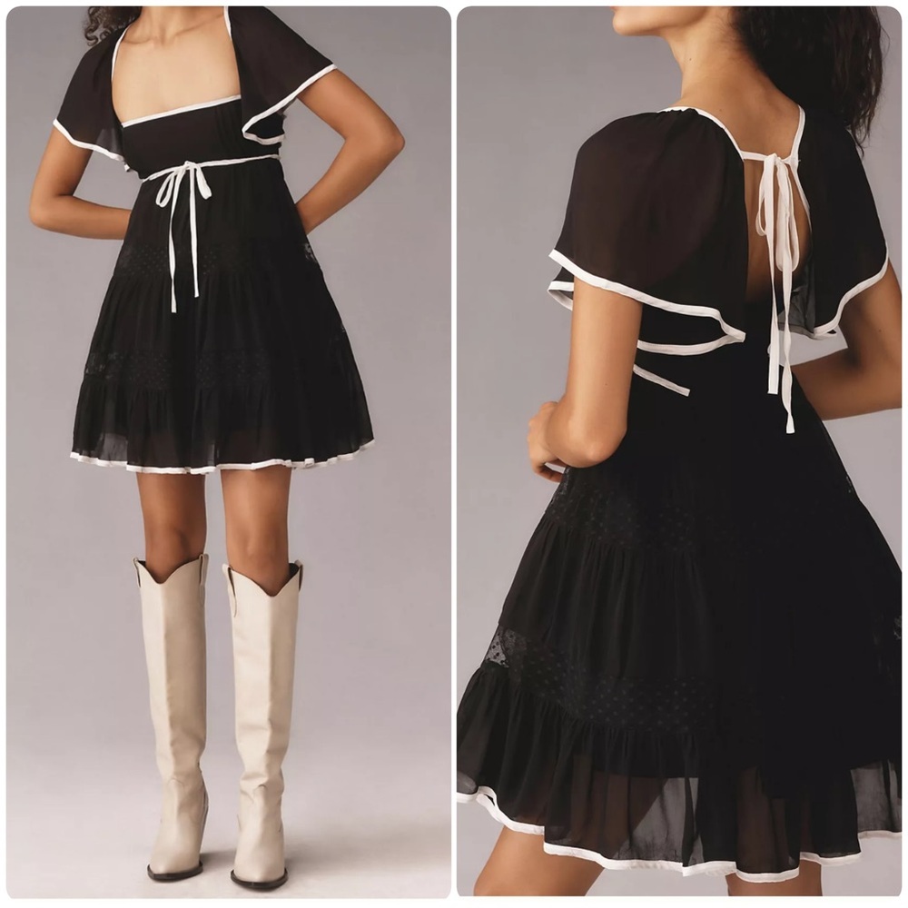 Anthropologie Maeve Bow Babydoll Flutter Sleeve Mini Dress Size XS
